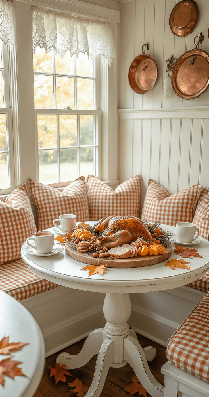 A cozy breakfast nook featuring a turkey charcuterie board on a round pedestal table, adorned with pumpkin-spice beverages and scattered fall leaves, set against charming cottage-style decor with beadboard wainscoting, gingham cushions, and vintage copper accessories, all illuminated by soft morning light filtering through lace curtains.