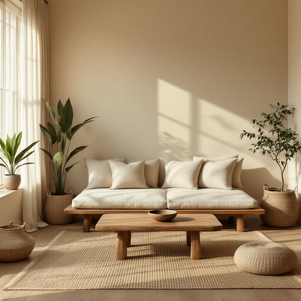 Photorealistic interior of a zen living room with warm cream walls, honey-colored bamboo flooring, and a low-profile walnut sofa, bathed in golden hour light. The space features a live-edge coffee table, layered textures with a jute rug and rattan baskets, and three plants, creating a serene atmosphere.