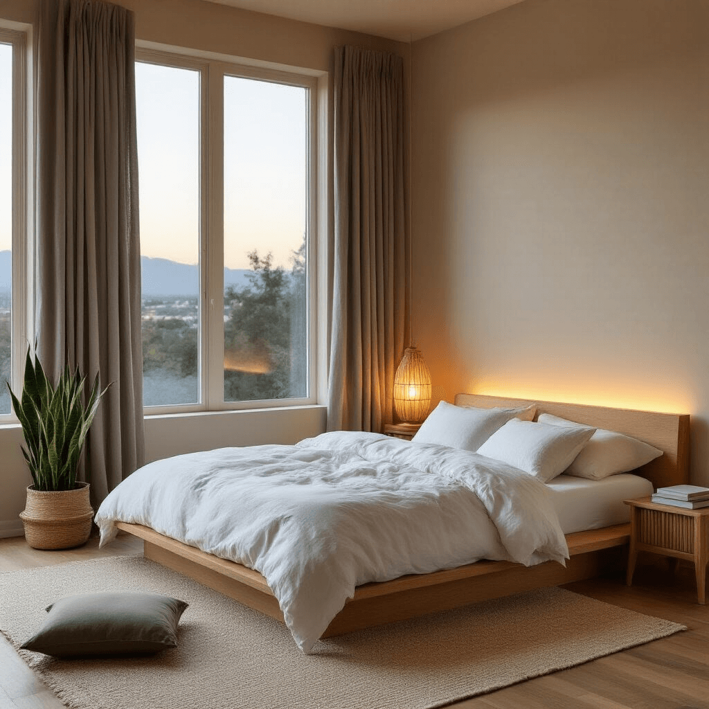 Intimate bedroom sanctuary at twilight featuring a low platform bed in natural oak, warm gray blackout curtains, and soft sage green meditation corner, all enveloped in cozy lighting and layered textures.