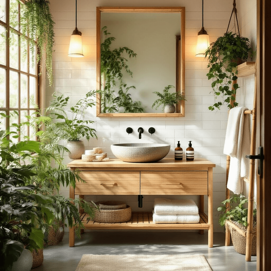Serene bathroom spa retreat featuring a honey bamboo vanity with a stone vessel sink, surrounded by warm white subway tiles and abundant greenery, including ferns and pothos. Fluffy cream towels hang from a bamboo ladder, while natural stone accessories and a small tabletop fountain add to the tranquil atmosphere, all illuminated by soft morning light filtering through frosted glass windows.