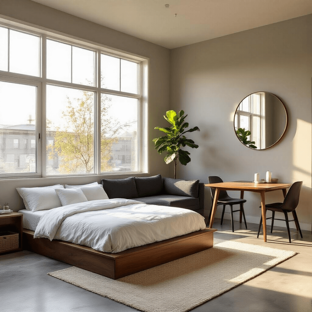 Wide-angle view of a minimalist studio apartment featuring a low walnut platform bed, modern charcoal sectional sofa, and a small oak dining table, all illuminated by golden afternoon sunlight. A fiddle leaf fig plant adds a focal point near large windows, while warm gray walls and concrete floors create a serene atmosphere.
