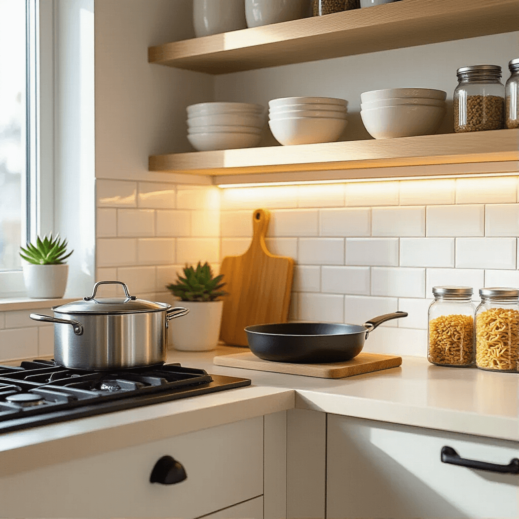 Close-up of a minimalist kitchen corner bathed in warm morning light, featuring white subway tiles, light oak shelves with matching ceramic dishes, a stainless steel pot on a gas stovetop, a wooden cutting board, a magnetic spice rack, a small succulent on the windowsill, and stackable glass containers with food, all showcasing a cozy atmosphere and immaculate design.