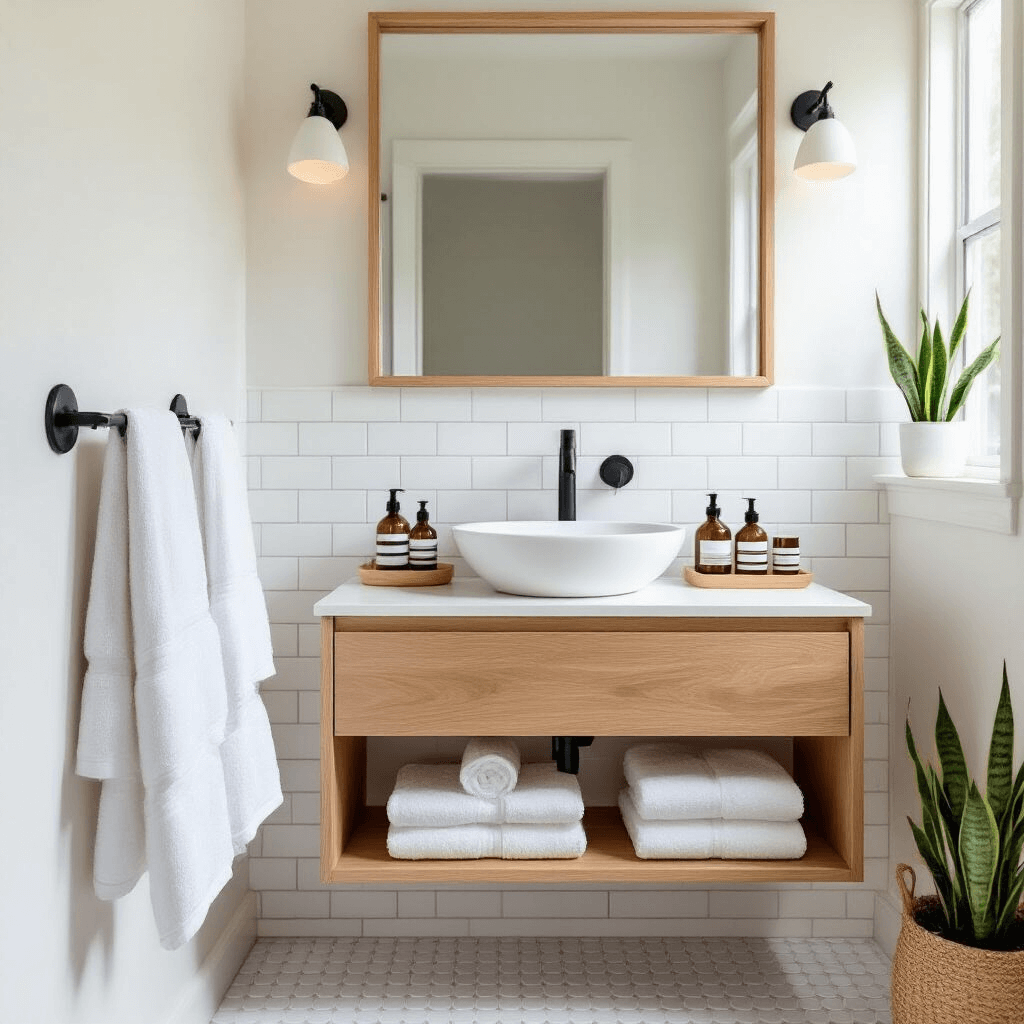 A serene bathroom interior with white subway tiles, a floating oak vanity with a vessel sink, and brushed gold fixtures. Fluffy white towels hang on black wall hooks, while a bamboo organizer displays amber glass toiletries. An over-toilet floating shelf holds rolled washcloths and a small snake plant, all reflected in a large frameless mirror that captures soft natural light. Clean white walls and hexagon floor tiles enhance the minimalist and organized aesthetic.
