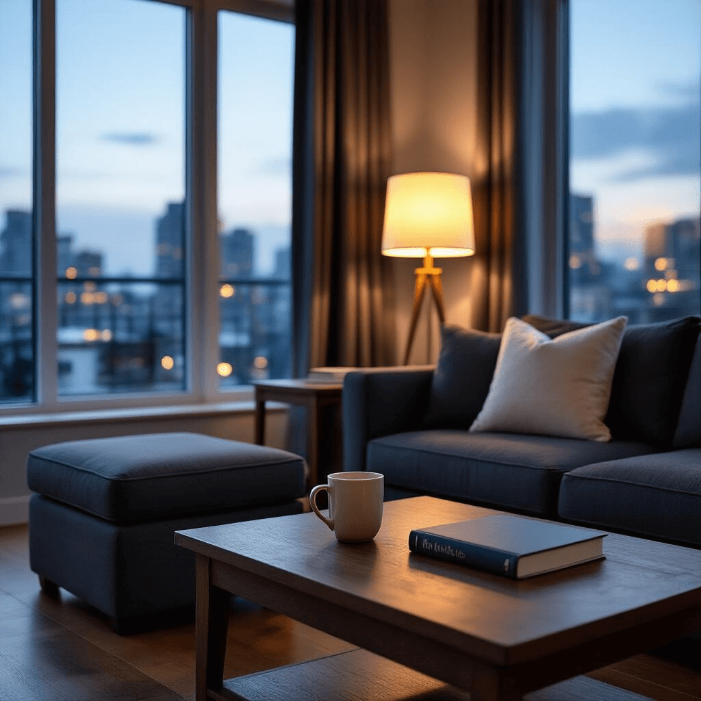 Cozy living room at twilight, featuring a warm table lamp, low walnut coffee table with a ceramic mug and closed book, charcoal linen sofa with a cream throw pillow, and a large window revealing city lights. Blackout curtains are partially drawn, while a storage ottoman and hardwood floors reflect the lamp's glow. Minimal electronics are present, with a laptop closed on a side table, creating an intimate ambiance.