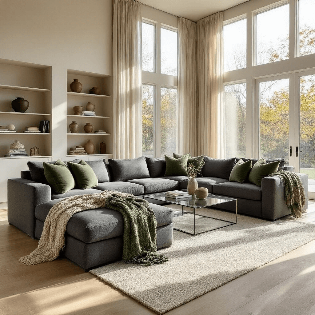Finding Your Perfect Sofa: A Complete Guide to Every Style That Actually Matters Luxurious charcoal gray sectional sofa in a spacious contemporary living room with high ceilings and large windows, illuminated by golden sunlight; features include a modern glass coffee table, sage green throw pillows, and decorative shelving.
