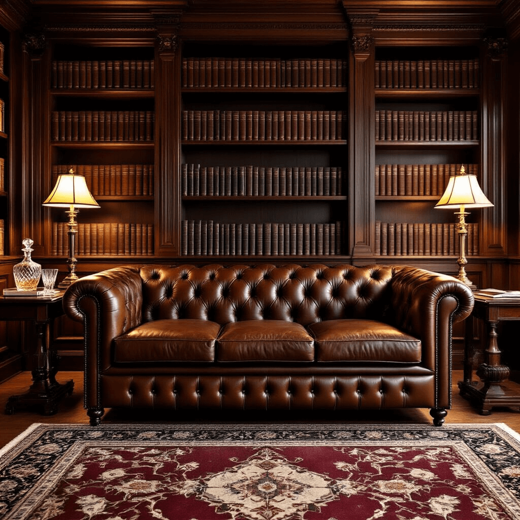 Finding Your Perfect Sofa: A Complete Guide to Every Style That Actually Matters Elegant cognac brown leather Chesterfield sofa in a traditional home library with dark walnut paneling, accompanied by brass floor lamps casting warm light. The library features floor-to-ceiling shelves filled with burgundy leather-bound books and a mahogany side table with a crystal decanter. The deep button tufting and rolled arms of the sofa showcase its rich patina, creating an intimate reading sanctuary ambiance.