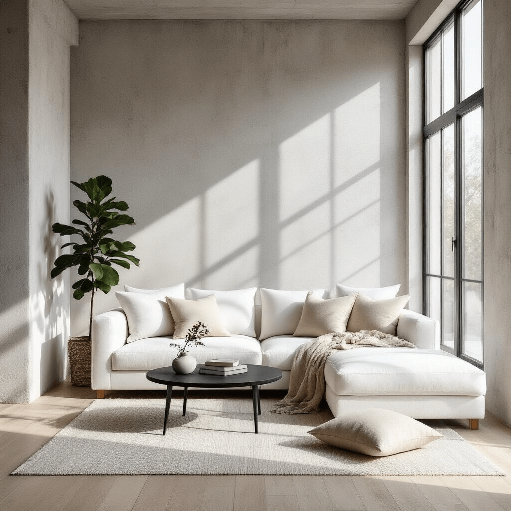 Finding Your Perfect Sofa: A Complete Guide to Every Style That Actually Matters A minimalist Scandinavian living room featuring a crisp white linen tuxedo sofa, exposed concrete walls, blonde wood floors, and a geometric black coffee table, all illuminated by natural morning light filtering through oversized windows, with neutral throw pillows and a fiddle leaf fig plant adding organic touches.
