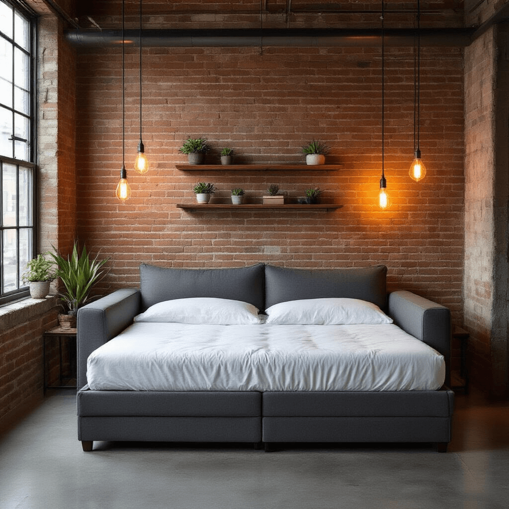 Finding Your Perfect Sofa: A Complete Guide to Every Style That Actually Matters A compact studio apartment with an exposed brick wall features a plush dove gray sleeper sofa, industrial pendant lighting, and warm Edison bulb glow, showcasing a memory foam mattress extended onto polished concrete flooring, complemented by soft white sheets and charcoal upholstery, with floating shelves displaying minimal decor and succulents, captured from an elevated angle to emphasize urban loft aesthetics and functional multi-purpose living.