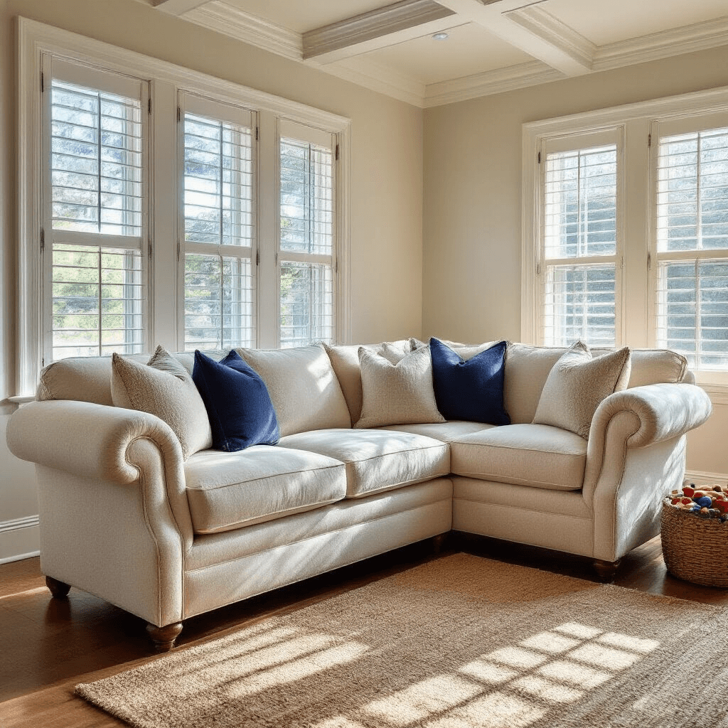 Finding Your Perfect Sofa: A Complete Guide to Every Style That Actually Matters Cream chenille English Roll Arm sofa in a sunlit family room with coffered ceiling and hardwood floors, featuring deep cushions and elegant curved arms, adorned with rust and navy throw pillows, a natural jute rug, and children's toys, all creating a warm and inviting atmosphere.