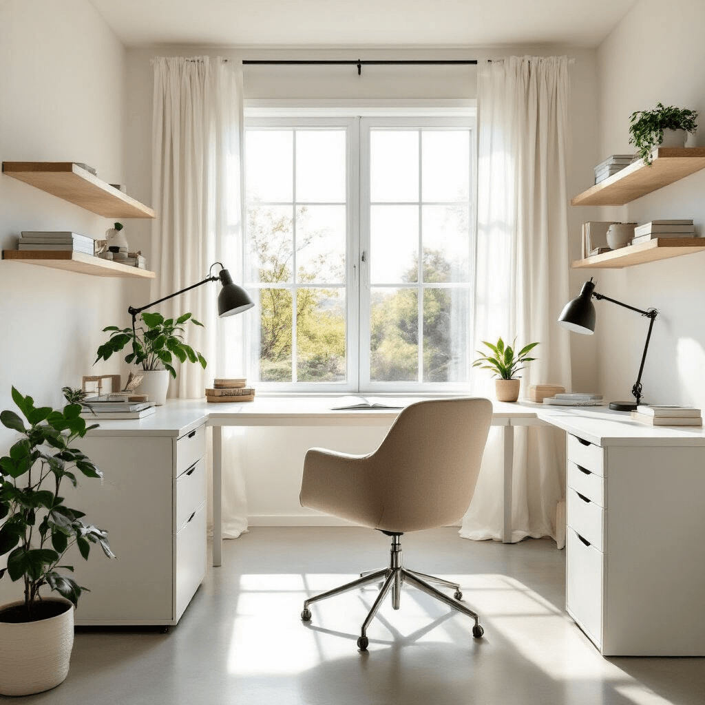 Wide-angle view of a sunlit minimalist home office featuring a clean-lined white desk, warm beige ergonomic chair, and light gray filing cabinet. The north-facing window casts soft natural light, illuminating the polished concrete floors and soft white walls adorned with natural oak floating shelves and a small pothos plant. White linen curtains gently filter the morning light, while the camera captures the organized workspace from a standing height at a slight downward angle.