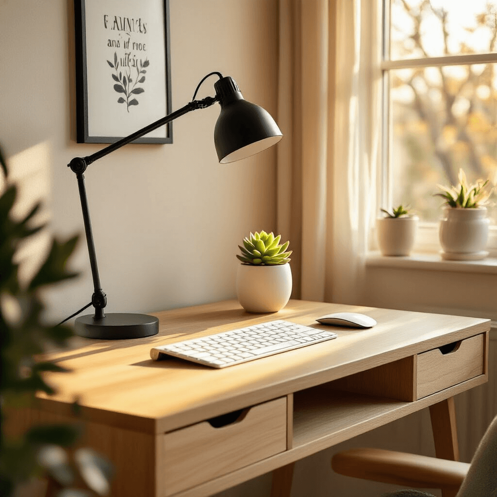 Eye-level view of a minimalist desk setup bathed in warm golden hour light, featuring a natural wood desk with built-in drawers, a black task lamp, a wireless keyboard, and a small succulent in a white ceramic pot. Cables are organized and hidden beneath the desk, with one inspirational art print on the wall. The scene is characterized by soft shadows, a warm beige and white color palette with black accents, and a cozy, productive atmosphere.