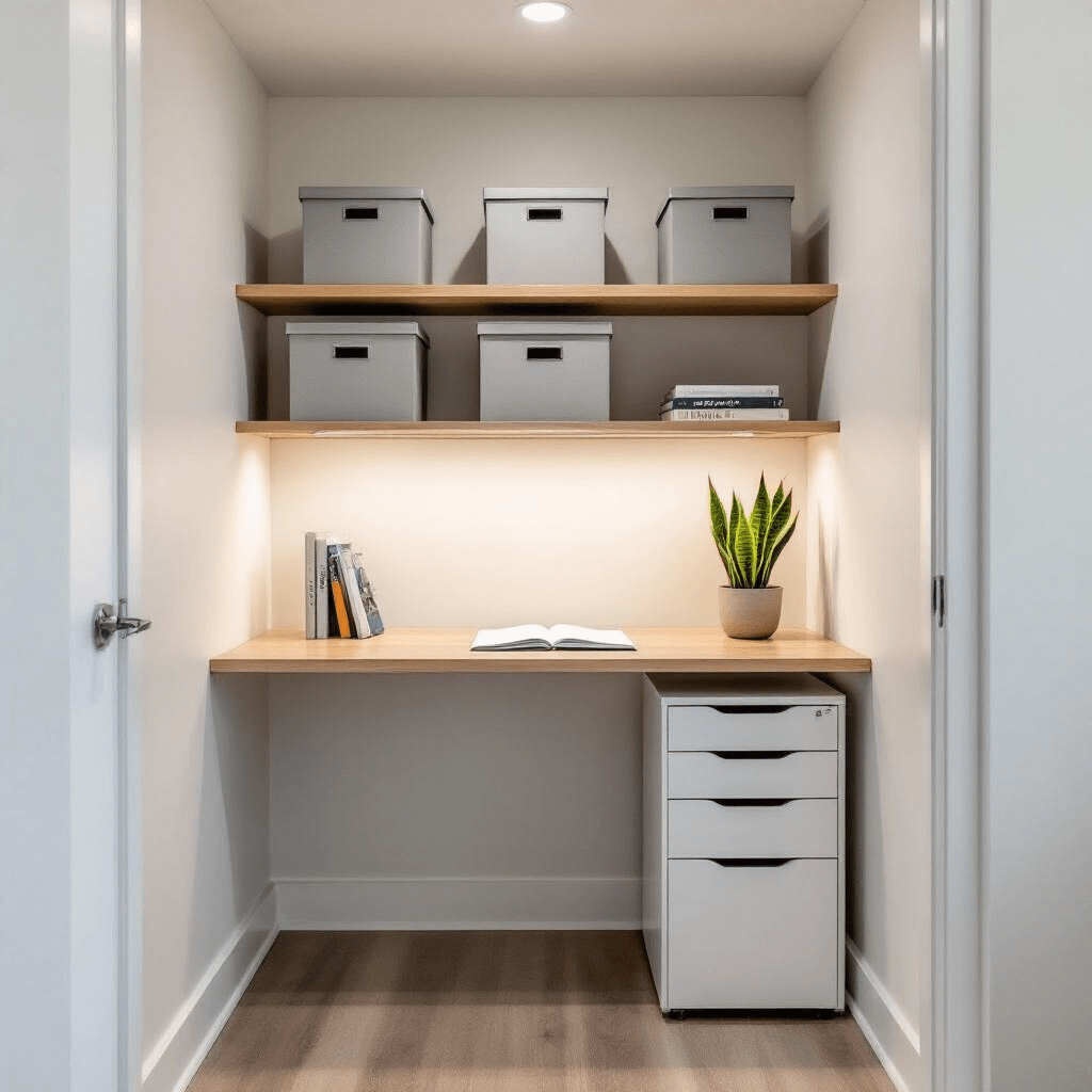 A compact 8x10 corner office nook featuring floating shelves with light gray storage boxes, a single book, and a small snake plant, illuminated by overhead LED lights, all set against white walls with natural wood accents.