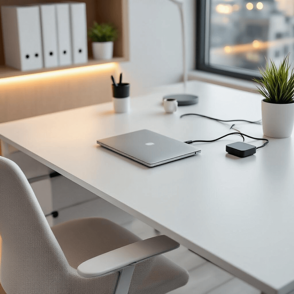 A low-angle shot of a modern minimalist office in the evening, showcasing a sleek white desk with a laptop and a single black pen holder, under-desk cord organizers, and strategic accent lighting. The neutral color scheme features whites, light grays, and natural wood tones, contributing to a calm and focused atmosphere.