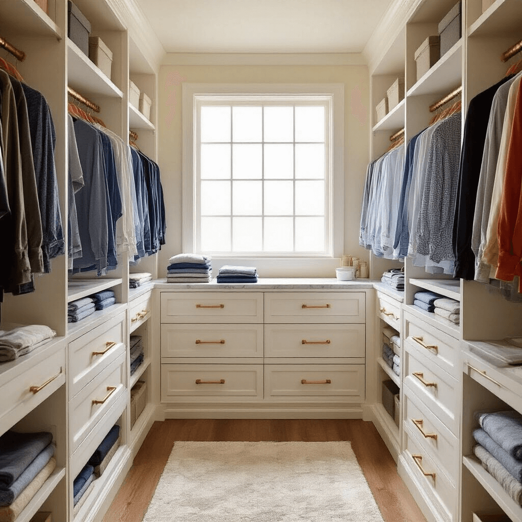 Interior of a spacious walk-in closet featuring organized drawers and soft morning light filtering through a frosted window, highlighting perfectly folded t-shirts in open dresser drawers, white custom cabinetry with brushed brass hardware, and a marble countertop displaying neatly folded clothes, set against warm cream walls and hardwood floors, with velvet-lined drawer dividers and a clean minimalist aesthetic.