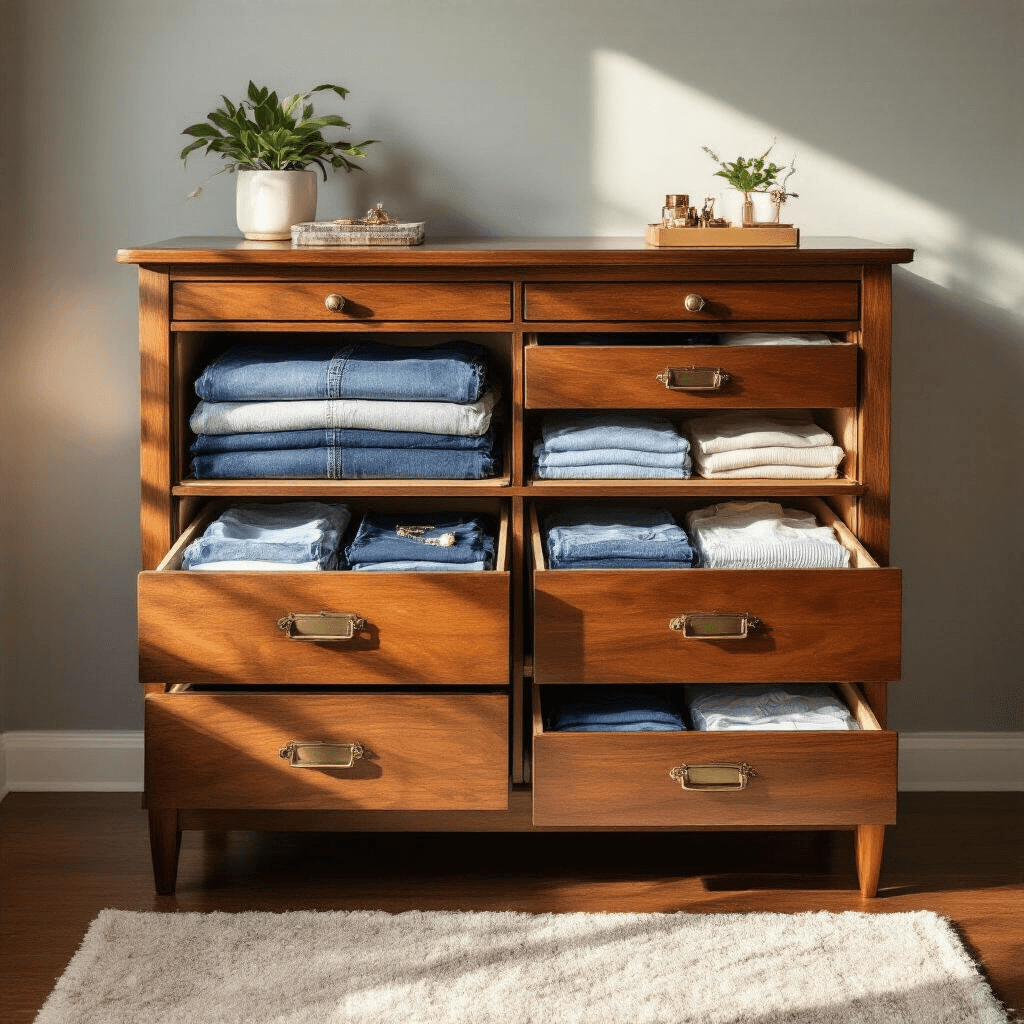 Close-up of a neatly organized bedroom dresser during golden hour, showcasing vertical storage of folded jeans, sweaters, and underwear in open drawers. Rich walnut wood contrasts with soft gray walls, while warm shadows play across a plush area rug. A small potted plant and jewelry box adorn the dresser surface, with macro lens capturing the textures of the fabrics.