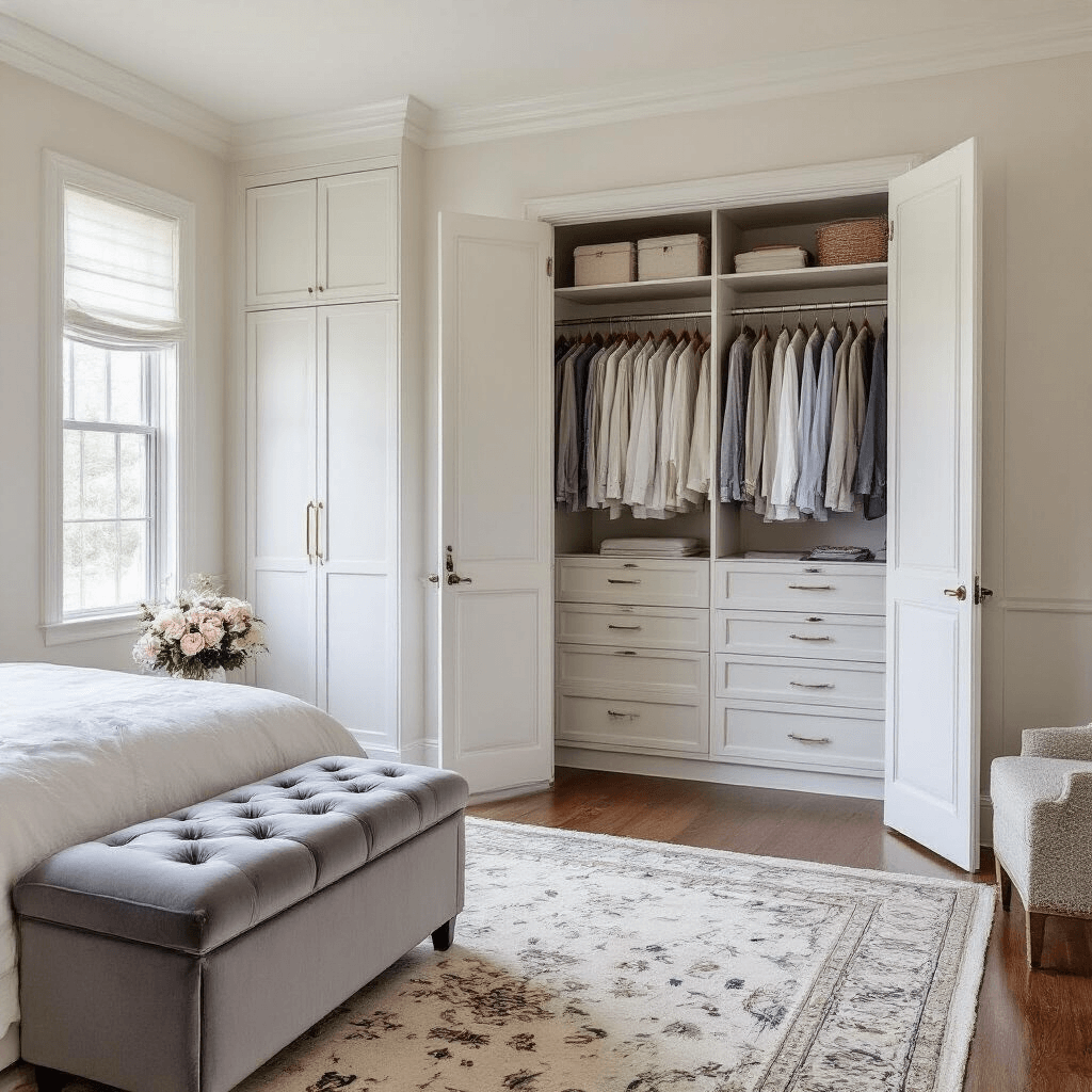 A spacious master bedroom with soft white walls and crown molding, featuring an organized closet system visible through open doors, illuminated by natural daylight. The built-in wardrobe includes a mix of hanging clothes and drawers alongside standing garments. A dove gray velvet upholstered bench sits on hardwood floors adorned with a Persian rug, while fresh flowers adorn the nightstand, creating a serene, luxurious atmosphere.