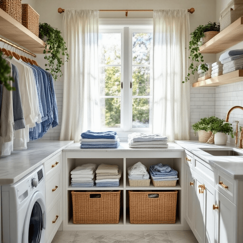A bright laundry room featuring a marble folding station bathed in afternoon sunlight, with white shaker cabinets and organized storage, including open drawers with filed clothing, wicker baskets for sorted laundry, and greenery on floating shelves, all presented in a clean, spa-like aesthetic.