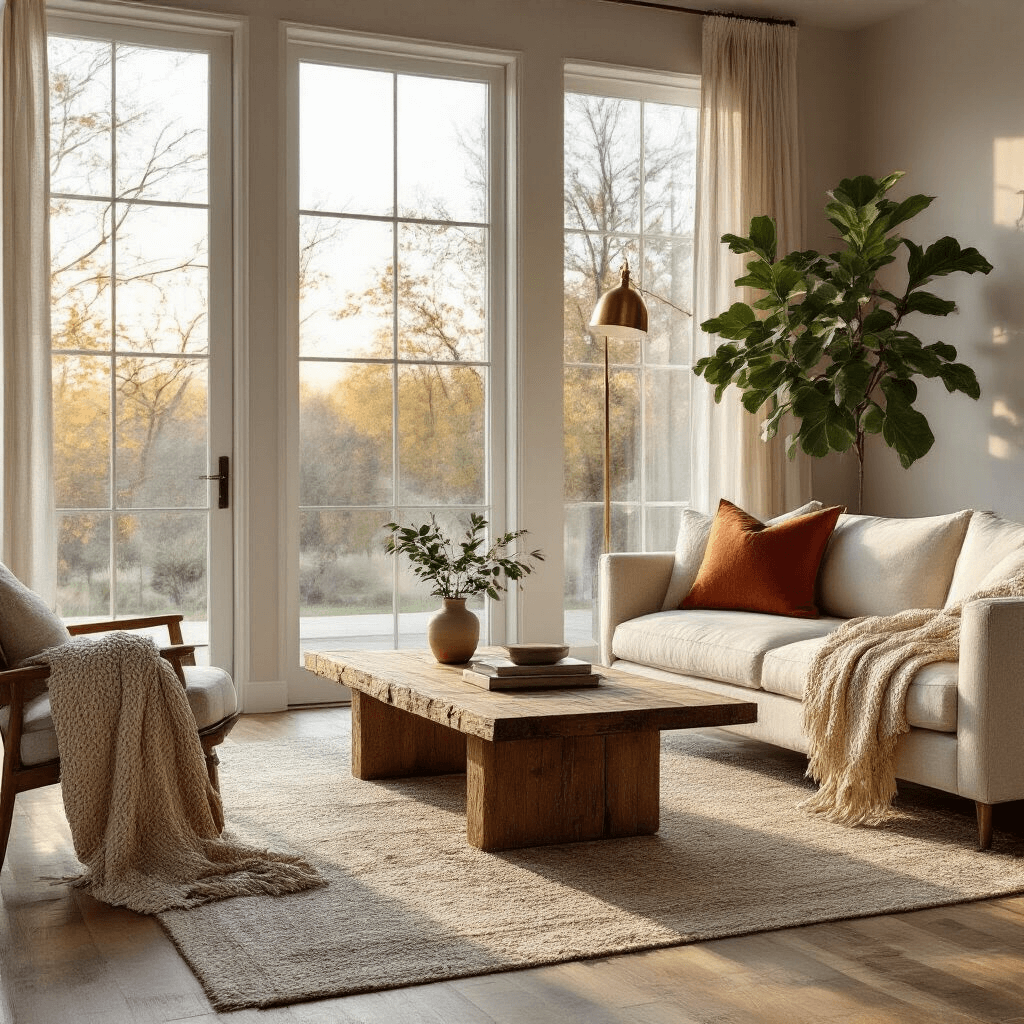 A photorealistic living room featuring a cream linen sofa, a reclaimed wood coffee table, and warm oak flooring, illuminated by golden hour light through floor-to-ceiling windows. A large fiddle leaf fig in a ceramic planter adds a natural touch, while a brass floor lamp and chunky knit blanket enhance the cozy atmosphere.