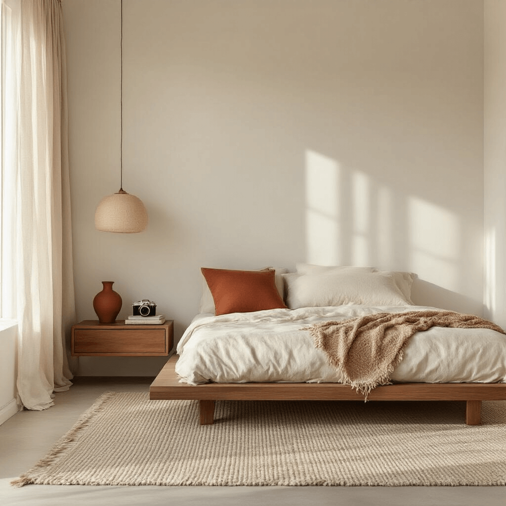 A serene minimalist bedroom scene featuring a platform bed with cream bedding and a terracotta accent pillow, illuminated by soft morning light through sheer linen curtains, with a floating walnut nightstand, a ceramic lamp, a textured wool rug, and personal items including a vintage camera, a small travel sculpture, and a meaningful book, all set against matte white walls.