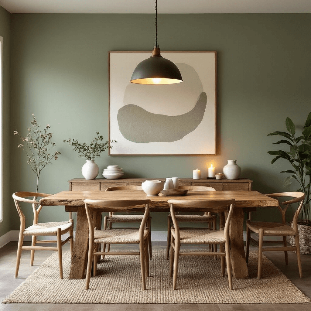 Cozy dining area featuring a live-edge wood table with four woven-seated chairs, illuminated by a warm pendant light. A large abstract artwork hangs above a console, complemented by a sage green accent wall and cream ceramics. A natural jute rug anchors the space, showcasing evening ambiance with layered lighting, including candles and subtle accent spots. Shot from a corner angle, capturing the room's harmonious blend of smooth and rough textures.