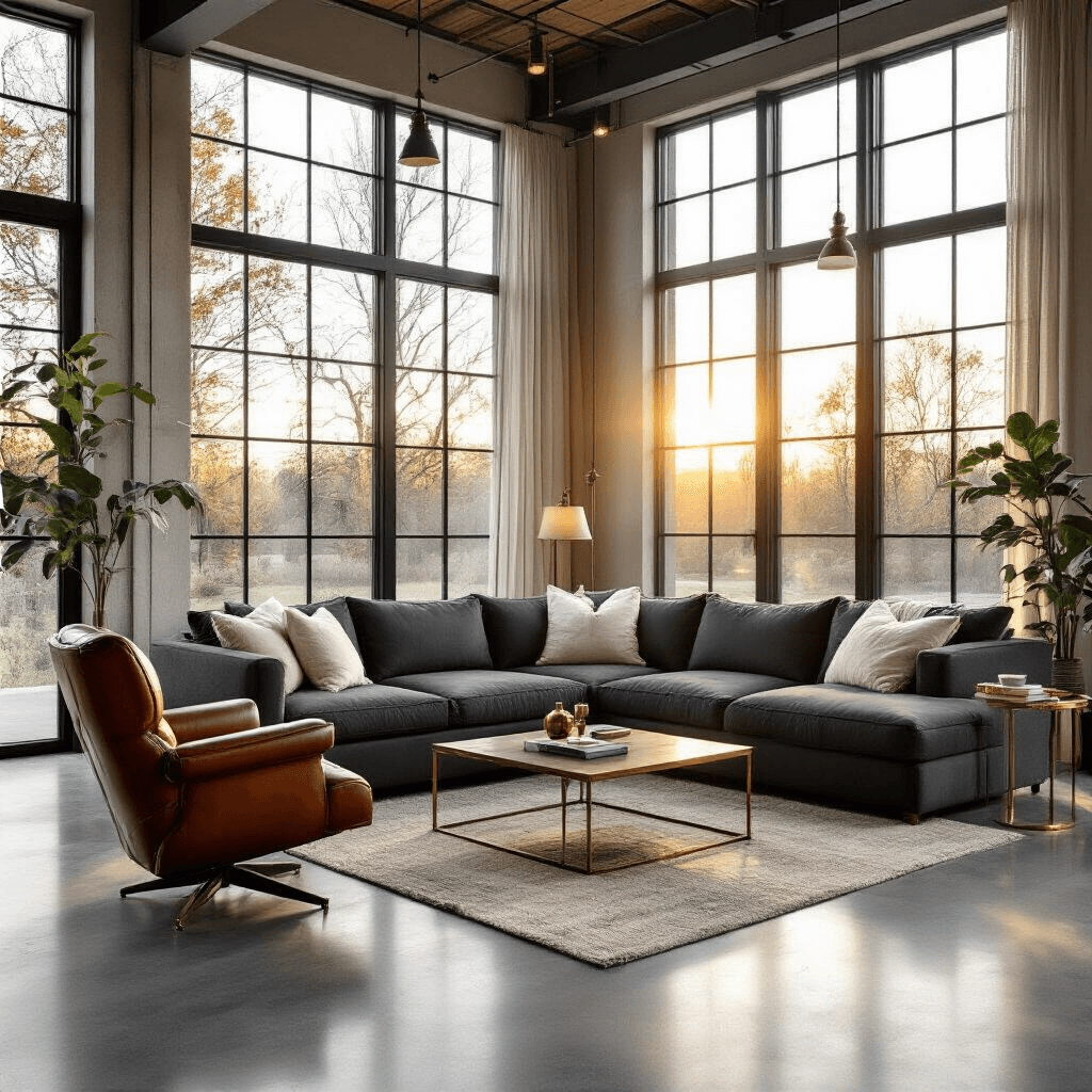 My Journey Through Second-Hand Used Furniture Stores: Where to Find Hidden Treasures Without Breaking the Bank A spacious modern living room with a plush charcoal sectional sofa and cream throw pillows, bathed in golden hour light. Floor-to-ceiling windows, polished concrete floors, and a cognac brown vintage leather armchair complement an industrial coffee table with brass accents, creating a warm and inviting atmosphere.