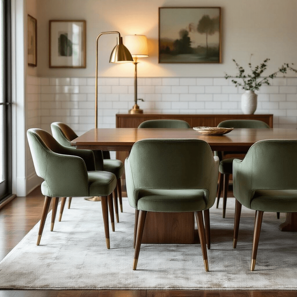 My Journey Through Second-Hand Used Furniture Stores: Where to Find Hidden Treasures Without Breaking the Bank Interior shot of an elegant dining room featuring a mid-century modern walnut dining table surrounded by sage green velvet chairs, with warm light from a brass floor lamp and a white subway tile accent wall.