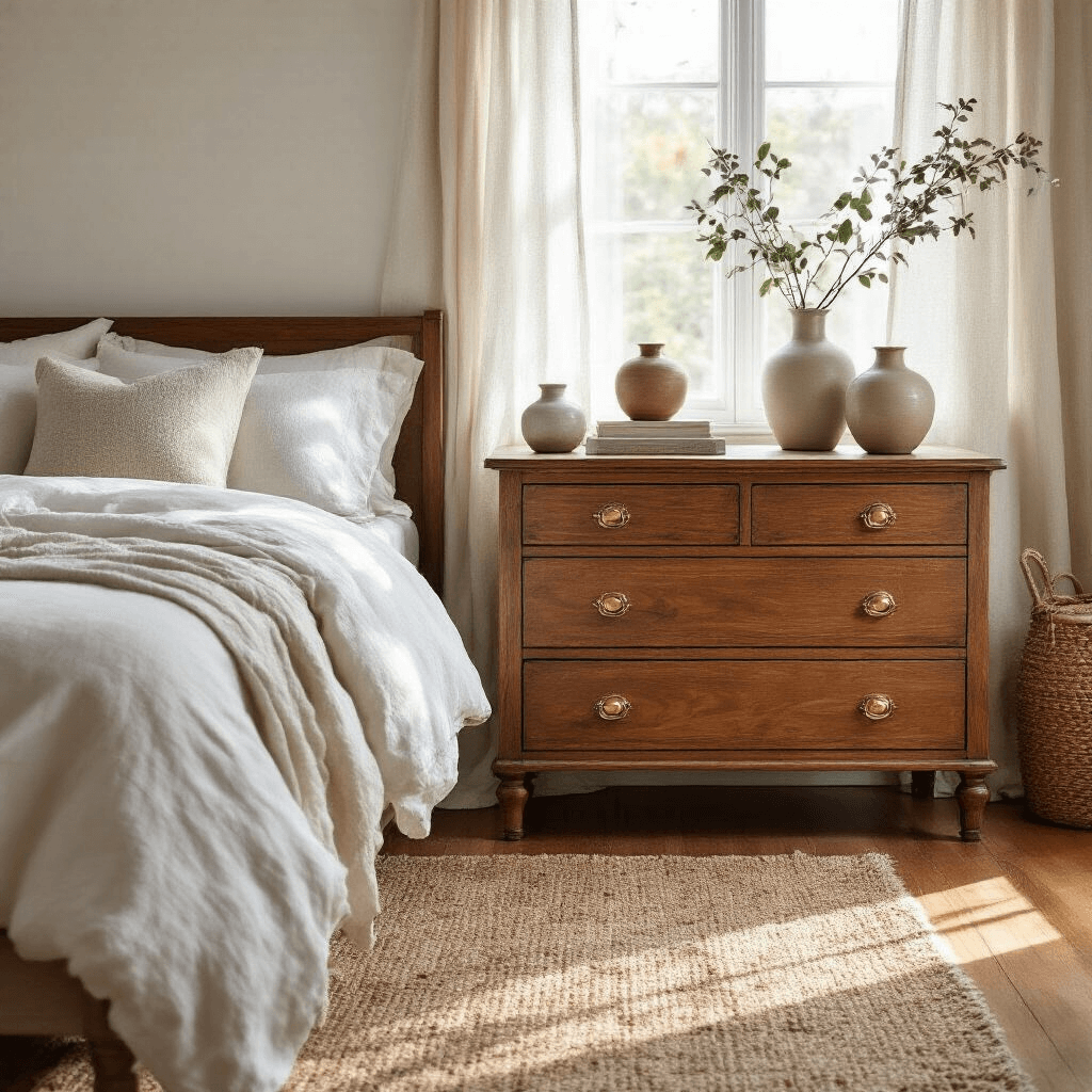 My Journey Through Second-Hand Used Furniture Stores: Where to Find Hidden Treasures Without Breaking the Bank Cozy bedroom corner with a vintage wooden dresser, brass hardware, ceramic vases, and books, illuminated by morning light through sheer curtains. The scene features neutral linen bedding, a woven jute rug, and highlights furniture craftsmanship with warm whites and natural wood.