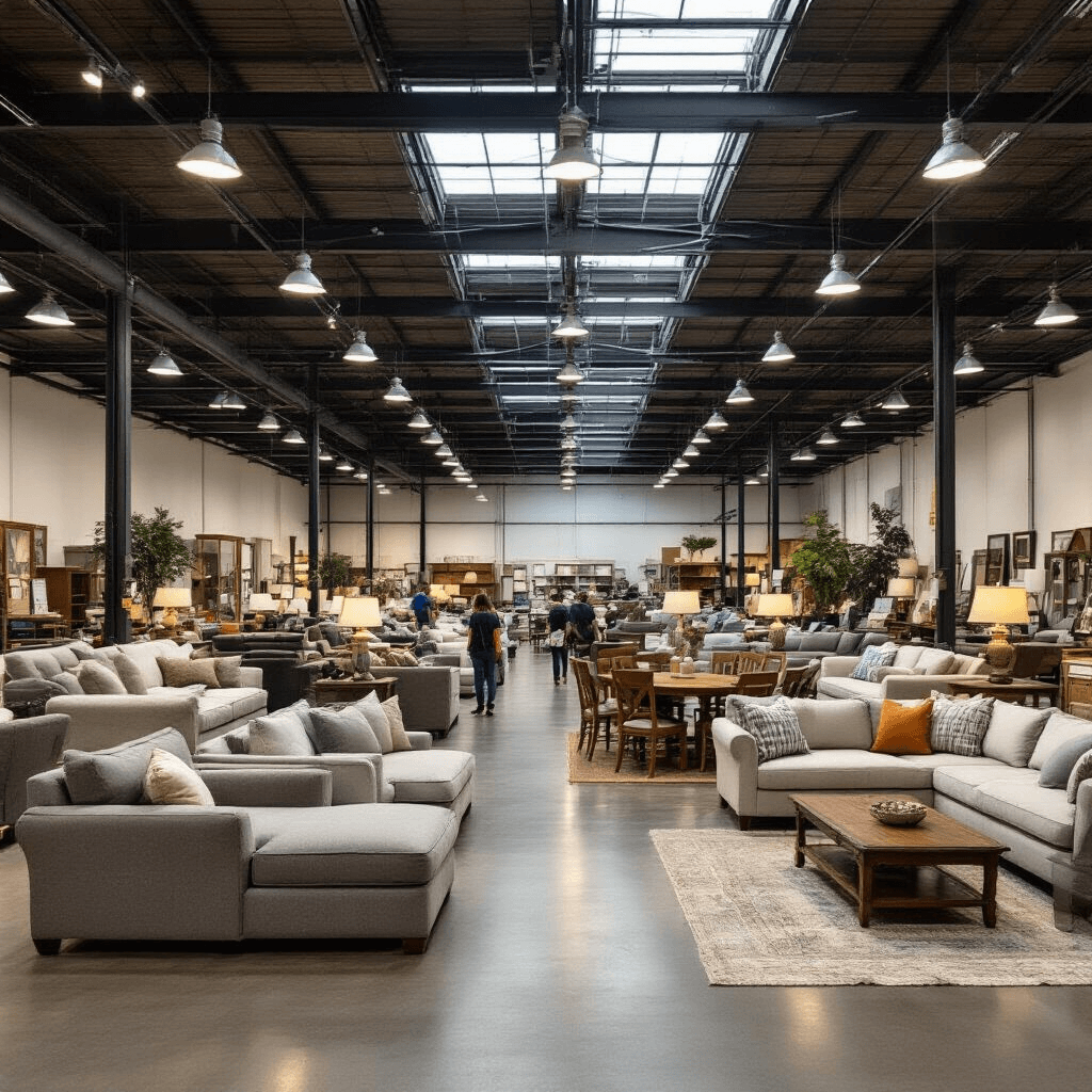 My Journey Through Second-Hand Used Furniture Stores: Where to Find Hidden Treasures Without Breaking the Bank Spacious warehouse-style furniture showroom featuring high exposed ceilings, industrial lighting, and organized furniture groupings; customers browsing among sofas, dining sets, and accent pieces under a mix of overhead fluorescent and natural skylight lighting.