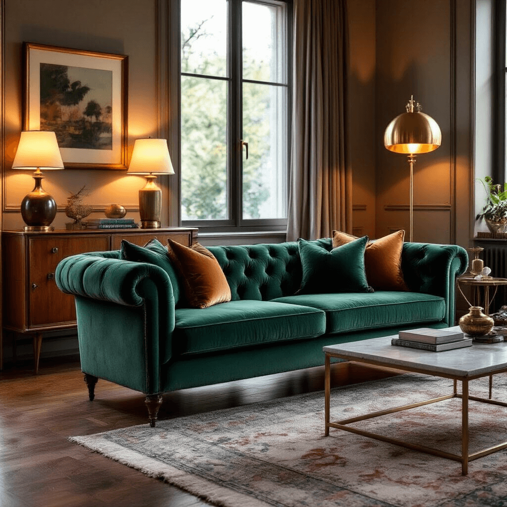 My Journey Through Second-Hand Used Furniture Stores: Where to Find Hidden Treasures Without Breaking the Bank Intimate living space showcasing an emerald green tufted velvet sofa, mid-century credenza, and modern brass floor lamp, all illuminated by warm table lamps that enhance the cozy atmosphere with rich jewel tones and mixed textures.