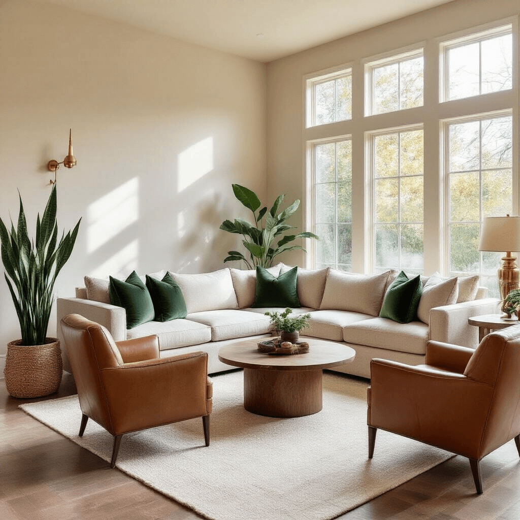 Transform Your Living Room Into a Feng Shui Haven: The Complete Guide to Positive Energy Flow Spacious living room with diagonal beige linen sectional sofa and forest green velvet pillows, rich walnut coffee table, and camel leather armchairs, illuminated by soft morning light through large windows, featuring snake plants and layered brass and ceramic lighting.