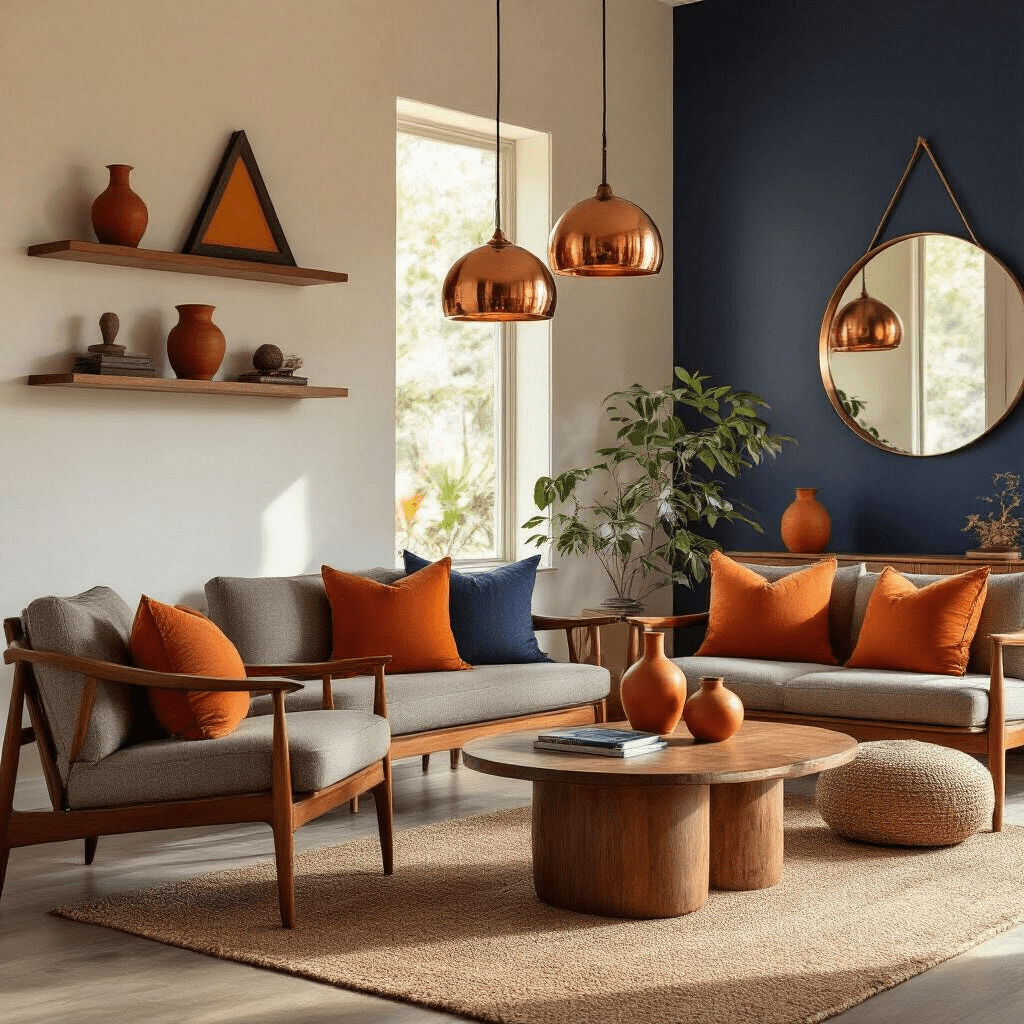Transform Your Living Room Into a Feng Shui Haven: The Complete Guide to Positive Energy Flow A mid-century modern living room with teak furniture, copper pendant lights, terracotta pottery, ochre pillows, a navy blue accent wall, a curved mirror, orange ceramic vases, and triangular artwork, all balanced with elements of wood, metal, earth, water, and fire, captured in warm golden hour sunlight from a professional photography angle.