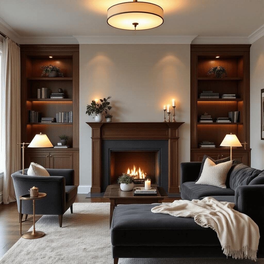 Transform Your Living Room Into a Feng Shui Haven: The Complete Guide to Positive Energy Flow Cozy living room with layered feng shui lighting, featuring a plush charcoal velvet sofa facing a fireplace, ambient ceiling fixture, brass task lamps, floor lamps in corners, warm 2700K LED bulbs, cream cashmere throws, and mahogany built-ins with books and plants, all illuminated by flickering candlelight.