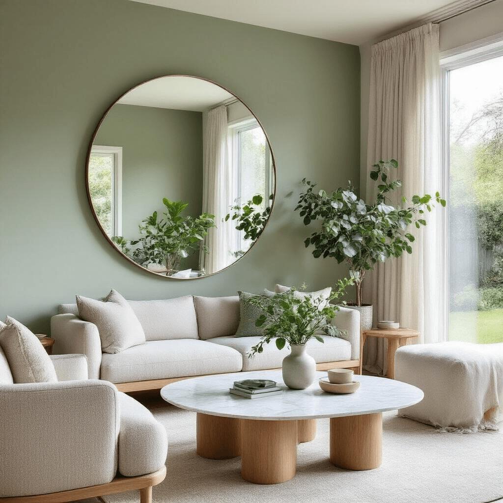 Transform Your Living Room Into a Feng Shui Haven: The Complete Guide to Positive Energy Flow Bright minimalist living room featuring a large circular mirror reflecting a garden view, white oak furniture with rounded edges, a sage green accent wall, linen curtains, a marble coffee table, and fresh eucalyptus in ceramic vases, presented from the entrance to emphasize clear pathways and decluttered surfaces.