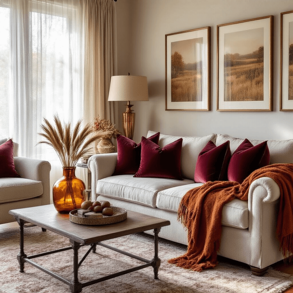 Transform Your Living Room Into a Feng Shui Haven: The Complete Guide to Positive Energy Flow A cozy autumn-themed living room with sheer panels filtering afternoon light, featuring rich burgundy velvet pillows, copper accents, dried wheat in amber vases, and a burnt orange wool throw draped over a cream sofa, all harmonizing in warm colors for a welcoming atmosphere.