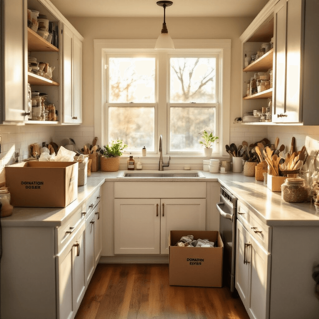 How to Organize a Small Kitchen: From Chaos to Culinary Paradise Interior shot of a compact kitchen during a decluttering process, showcasing white shaker cabinets, quartz countertops, and hardwood floors illuminated by golden morning light. Countertops feature donation boxes and organized, sparse cabinet contents, while duplicate utensils and expired items are gathered for removal, creating a hopeful, fresh-start atmosphere.