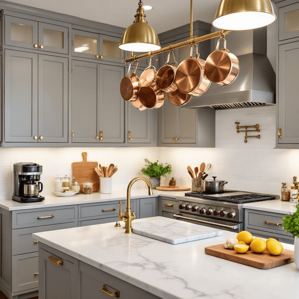 How to Organize a Small Kitchen: From Chaos to Culinary Paradise A bright, organized kitchen showcasing distinct zones: a coffee station with brass fixtures, a prep area with a marble cutting board, and a cooking zone with hanging copper pots. The space features warm grey cabinets, white countertops, and brass hardware, all illuminated by professional task lighting, emphasizing functional organization and efficiency.