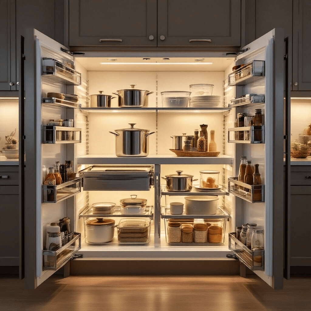 How to Organize a Small Kitchen: From Chaos to Culinary Paradise Pull-out cabinet drawer system with LED lighting, featuring sliding organizers filled with cookware, tiered racks, and clear containers, showcasing soft-close mechanisms and chrome hardware in a well-organized interior.
