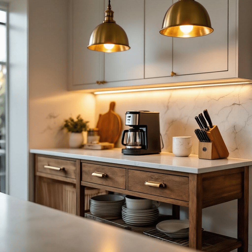 How to Organize a Small Kitchen: From Chaos to Culinary Paradise A cozy, clutter-free kitchen counter featuring a warm wood rolling cart as a mobile prep station, illuminated by brass pendant lights, with clear surfaces except for a coffee maker and knife block, showcasing an organized and spacious atmosphere.