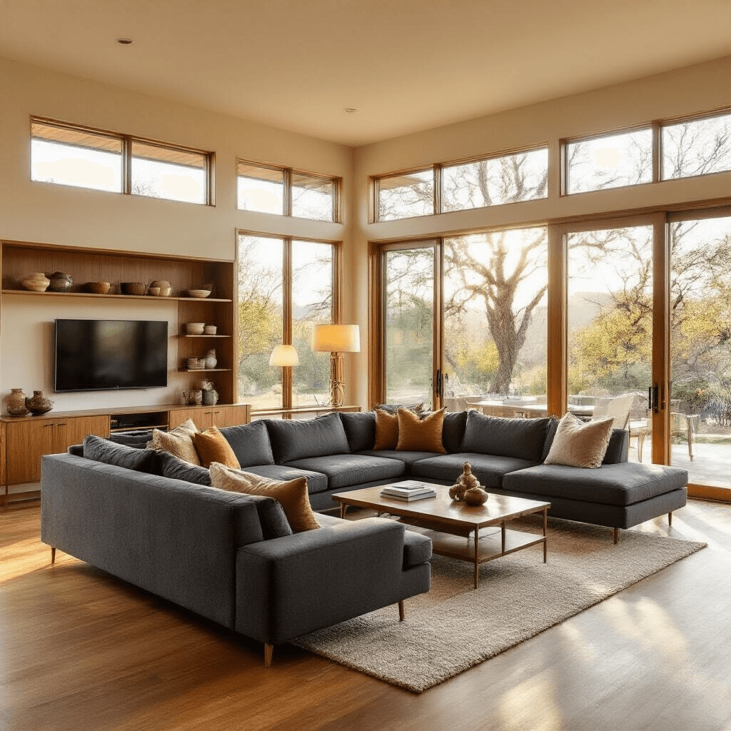 Interior of a spacious ranch-style living room with mid-century modern decor, featuring a charcoal sectional sofa, walnut coffee table, and large windows allowing golden hour light. Earth-tone accents and warm oak floors enhance the inviting atmosphere, with a view of the patio through sliding glass doors.