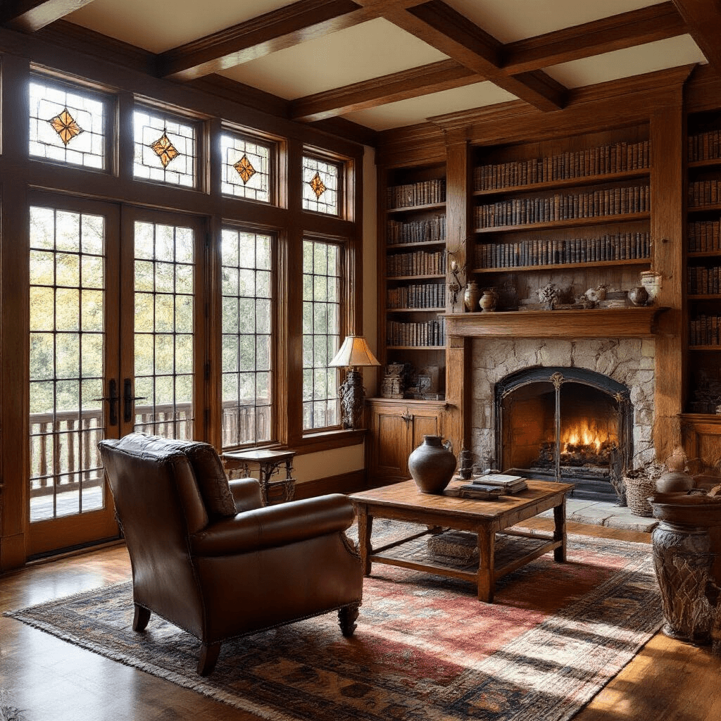 A cozy Craftsman-style living room with natural light filtering through leaded glass windows onto oak bookcases, a leather armchair facing a stone fireplace, and a handwoven rug covering hardwood floors, showcasing exposed beams and artisanal decor.