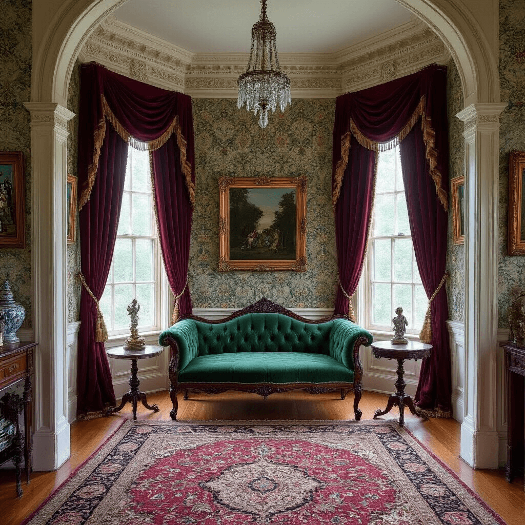 Victorian parlor room bathed in morning light, featuring an ornate bay window with burgundy velvet curtains, an emerald velvet settee, and carved walnut side table on a jewel-toned oriental rug. Elaborate crown molding and William Morris wallpaper, with gilt-framed oil paintings on display. Crystal table lamps and porcelain figurines enhance the room's elegant grandeur, viewed from an arched doorway.