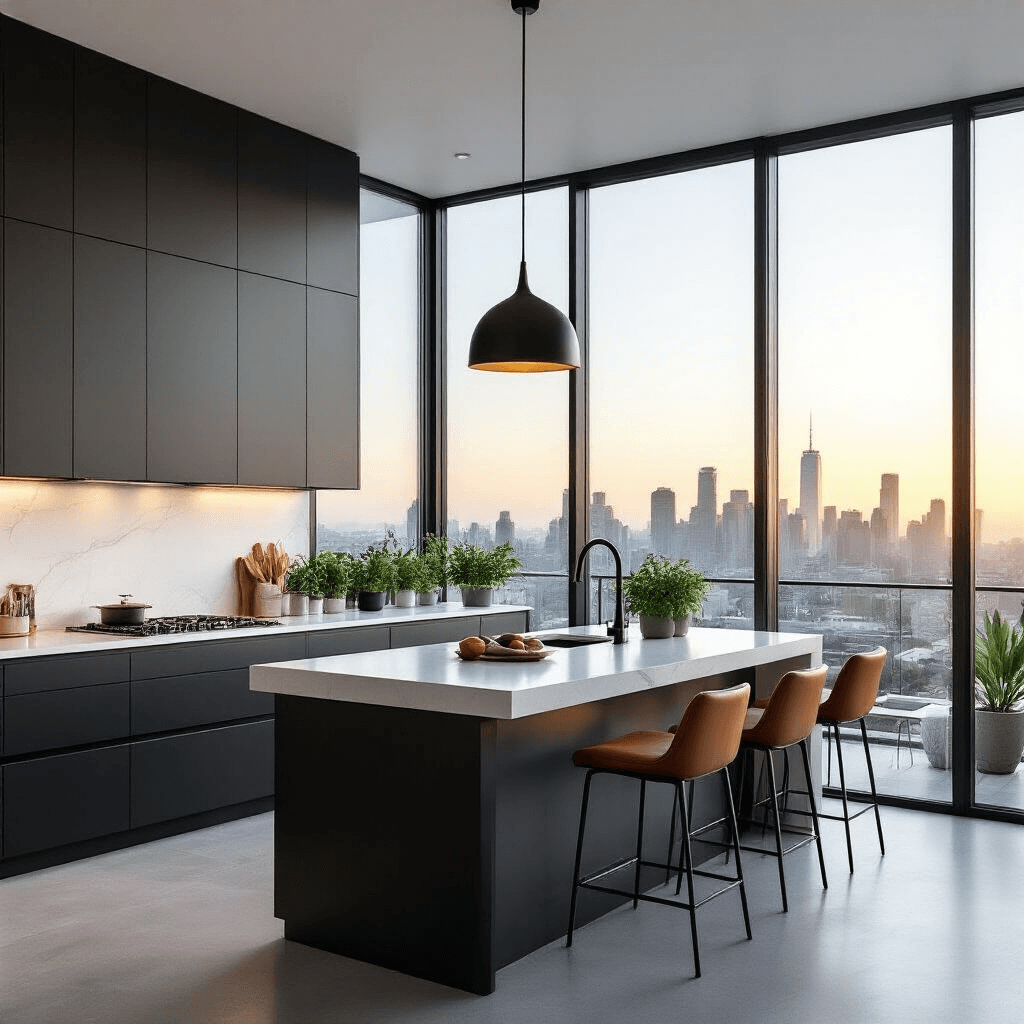 Modern minimalist kitchen bathed in sunrise light, featuring floor-to-ceiling windows with a city skyline view, white quartz countertops, matte black cabinetry, stainless steel appliances, concrete floors, and a single pendant light over a waterfall island, complemented by cognac leather bar stools and potted herbs on the windowsill.