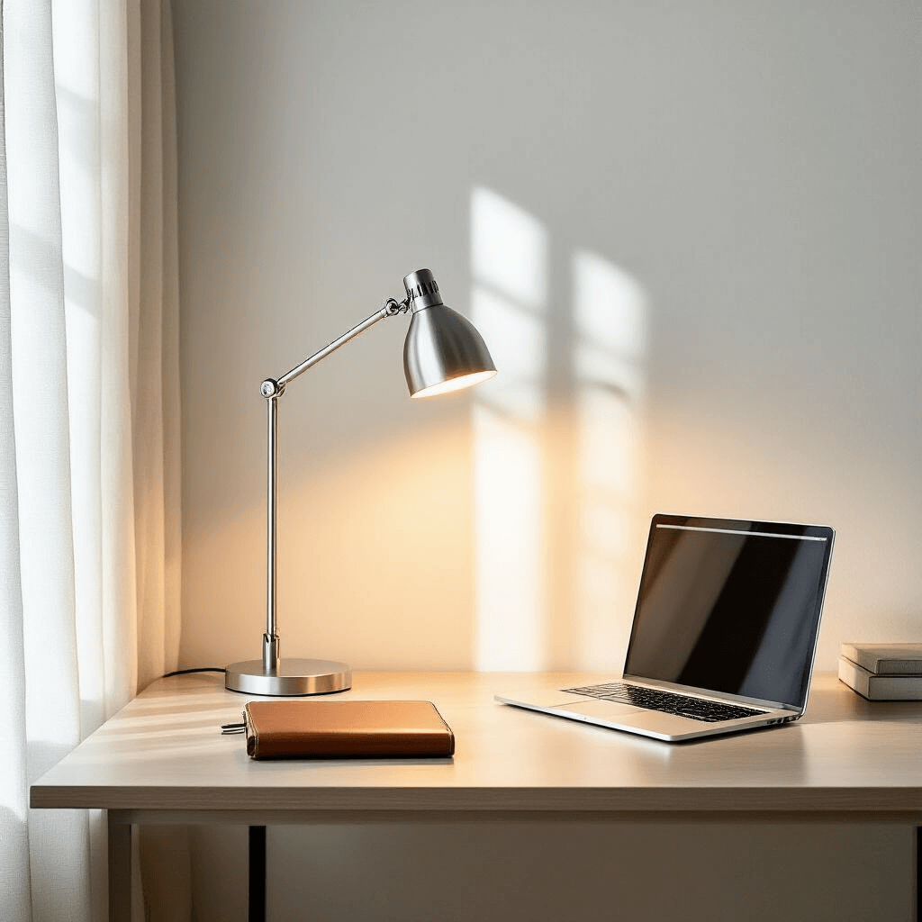 Minimalist home office featuring a sleek aluminum desk lamp casting warm light on a white oak desk, with sunlight filtering through sheer linen curtains, highlighting clean geometric lines and a neutral palette.