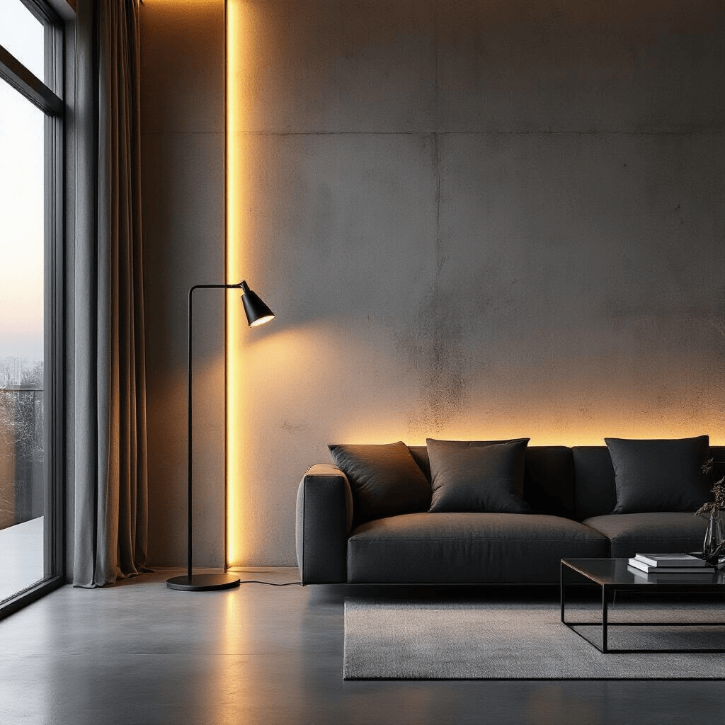 Modern living room corner with wall-leaning LED strip light, warm ambient lighting, and a matte black metal floor lamp against a textured concrete wall, featuring a low-profile charcoal sofa and glass coffee table, all in a monochromatic palette with brass accents, showcasing sculptural shadows.