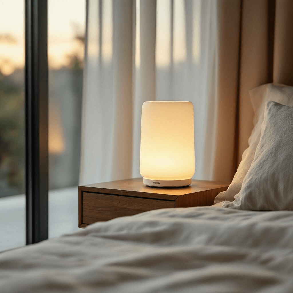 Contemporary bedroom nightstand featuring a cordless portable LED lamp in a pristine white finish, illuminated by golden hour light. The handcrafted ceramic lamp with a soft silicone texture sits on a natural walnut floating nightstand, accompanied by neutral linen bedding that showcases a palette of warm whites, natural wood tones, and soft grays. The close-up angle emphasizes material quality and tactile appeal.