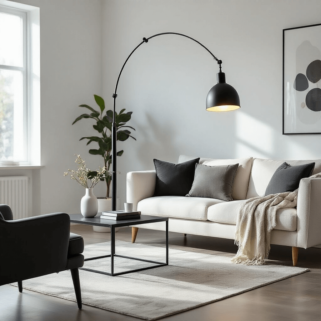 Spacious living room with a premium adjustable floor lamp showcasing chrome and matte black finishes, mid-century modern furniture, and a bright, airy color scheme of whites and metallic accents, captured from a low angle to emphasize the lamp's sculptural presence.