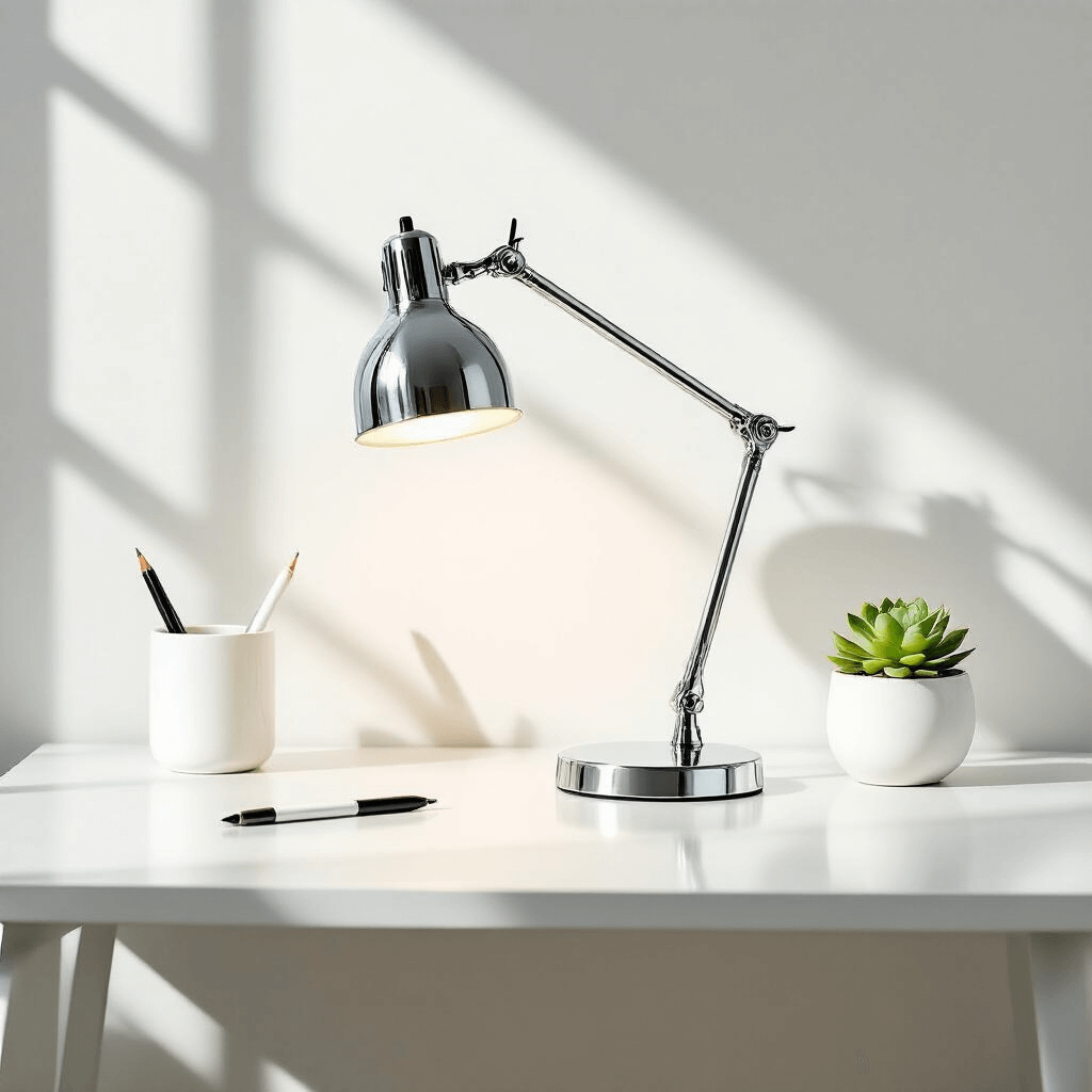 A minimalist workspace featuring a budget-friendly chrome desk lamp with 360-degree adjustability, soft morning light illuminating a white lacquer desk, simple geometric forms, a white ceramic pen holder, and a single succulent plant in a monochromatic white and silver palette. The overhead angle highlights the lamp's functionality and compact footprint.