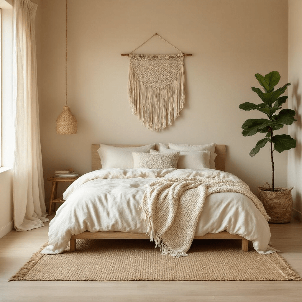 A serene minimalist boho bedroom featuring a low platform bed with a cream linen comforter and chunky knit throw, warm beige walls, and natural light streaming through linen curtains, complemented by a macrame wall hanging and a fiddle leaf fig in the corner, all set on pale oak floors with a jute rug.