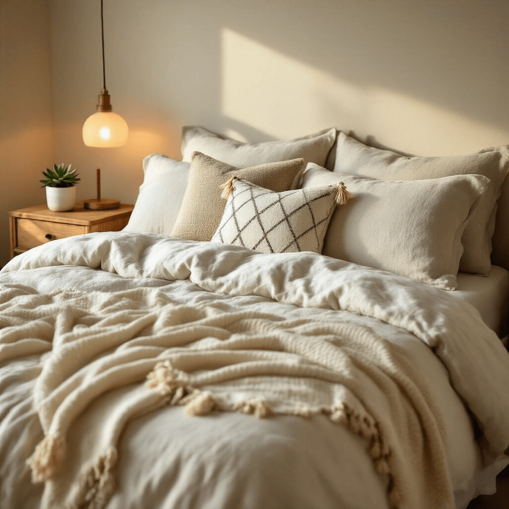 A low-angle view of a cozy bedroom featuring layered neutral bedding, an off-white linen comforter, a textured cream throw blanket, and three pillows, including a geometric accent pillow with tassels, complemented by a natural wood nightstand holding a single succulent and a table lamp, all bathed in warm golden hour light that casts soft shadows for an intimate and peaceful atmosphere.