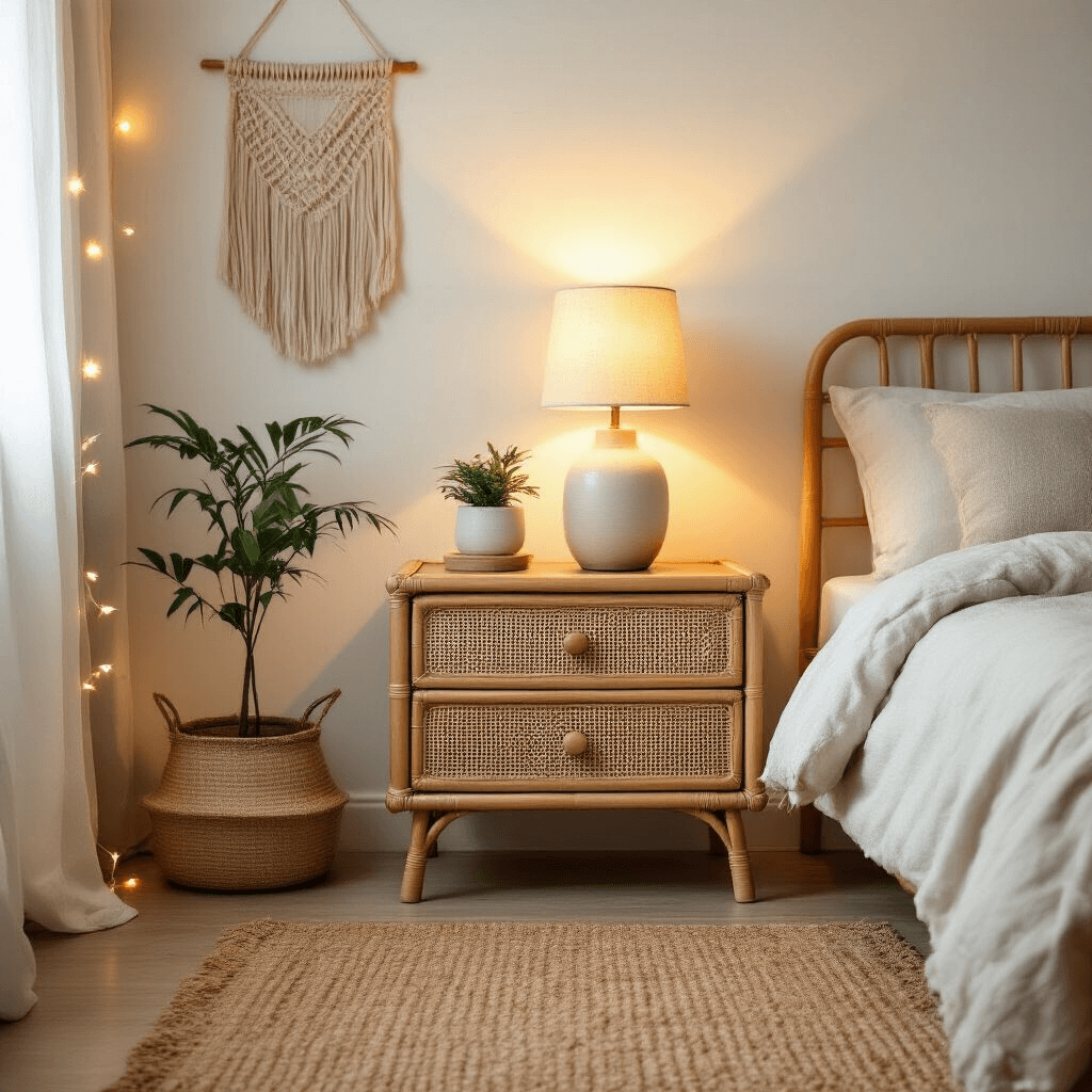 Medium shot of a cozy bedroom corner showcasing a rattan nightstand with a ceramic lamp and a small plant, complemented by a jute area rug, warm white walls adorned with macrame art, and soft fairy lights creating an ambient glow.